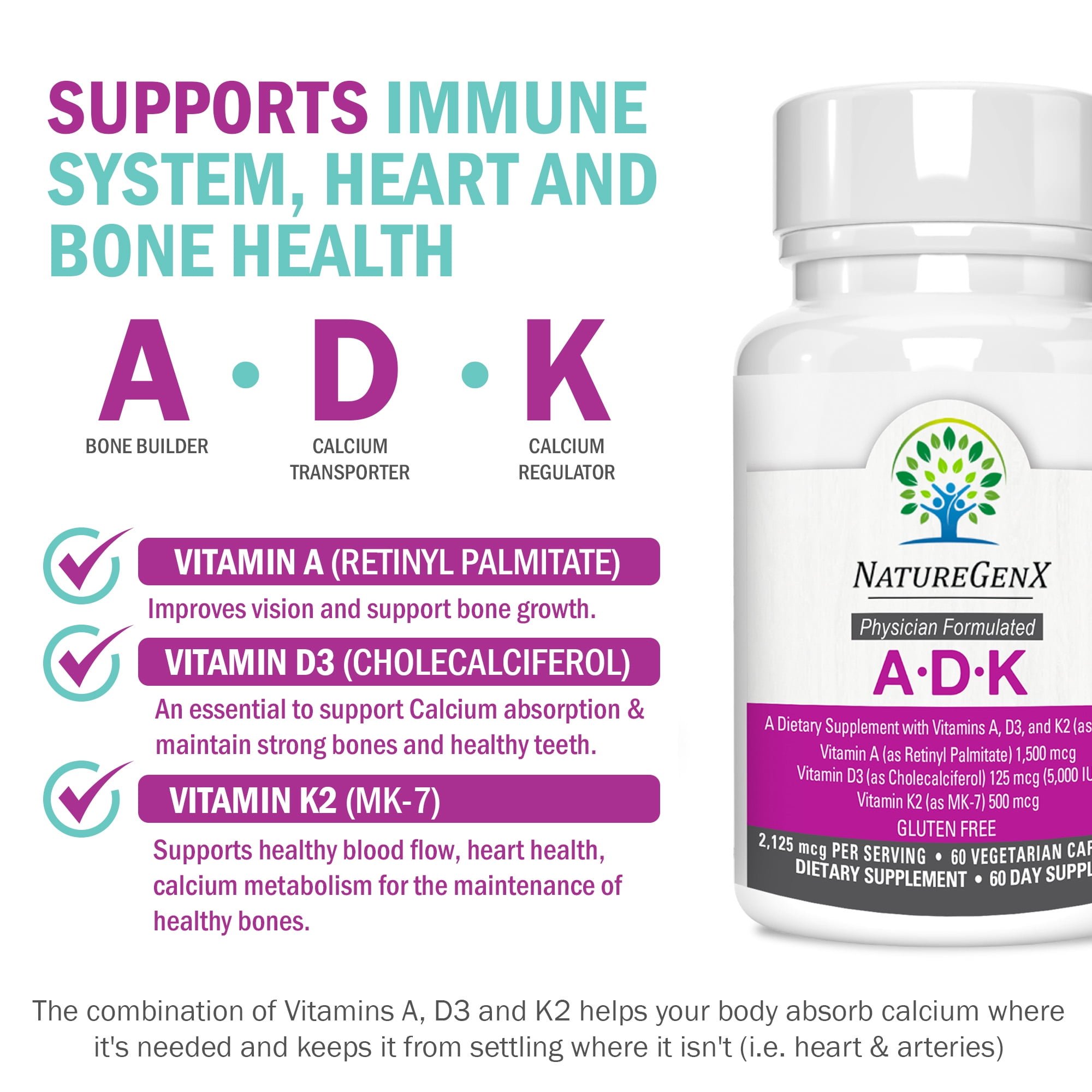 NatureGenX ADK Vitamin Supplement – High Potency Vitamins A 5000 IU, D3 5000 IU, K2 500 mcg – Supports Bone Strength, Joint Health, Heart & Immune Function – 60 Capsules, 2-Month Supply