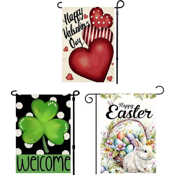 3Pack Valentines Day Garden Flag St Patricks Garden Flag Easter Garden Flag 12x18in Double Sided Outside Decorations,Seasonal Holiday Heart Egg Rabbit Small Garden Flags for Outdoor Yard Lawn