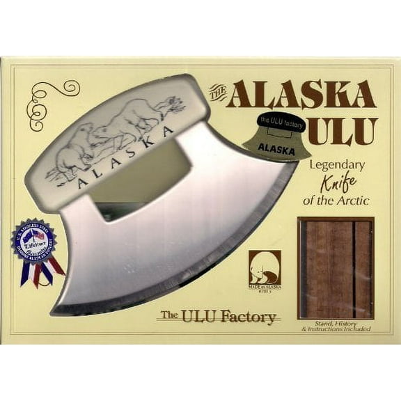 7" Inupiat Style Cultured Ivory Handled Ulu with Walnut Stand (Etched Polar Bears)