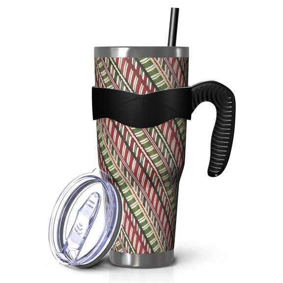 40oz Tumbler,Red and Green Christmas Striped Pattern Insulated Tumblers with Removable Handle,Stainless Steel Double Vacuum Coffee Tumbler Cup with Straw for Home,Office,Travel,Party