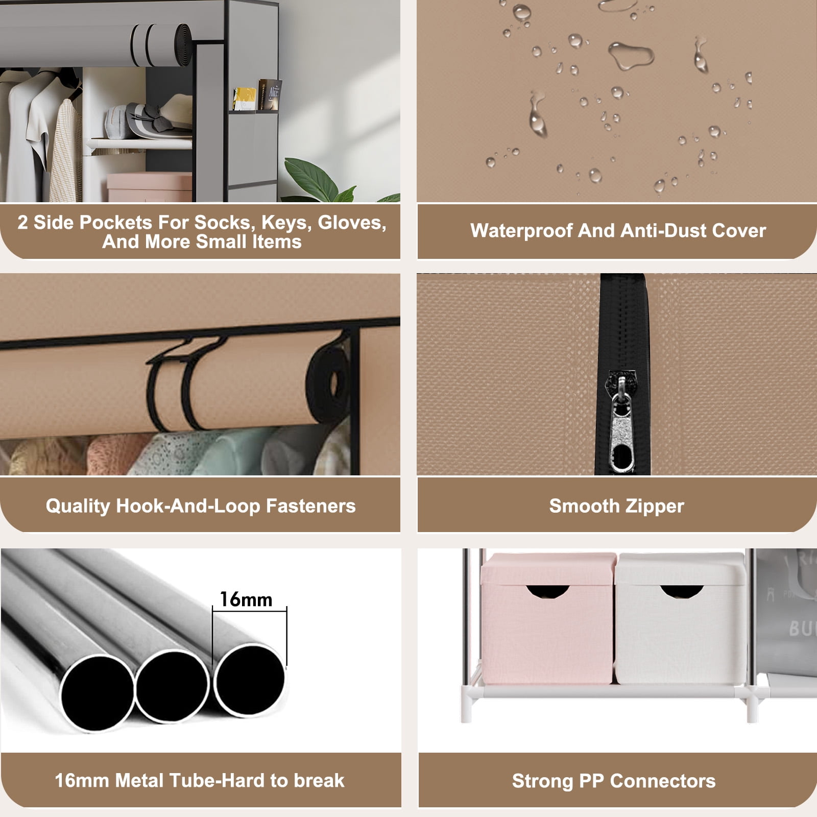 BAOKALER Ready-to-Use Coffee Brown Portable Closet: 6 Shelves, 1 Hanging Rod and 4 Side Pockets – Perfect for Bedrooms, Living Rooms, Cloakrooms, Garages, Dorms and Apartments