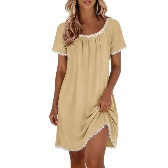 Lmueinov Women's Lace Trim Short Sleeve Nightgown, Soft Stretchy Casual Sleep Dress Nightshirt S-3XL