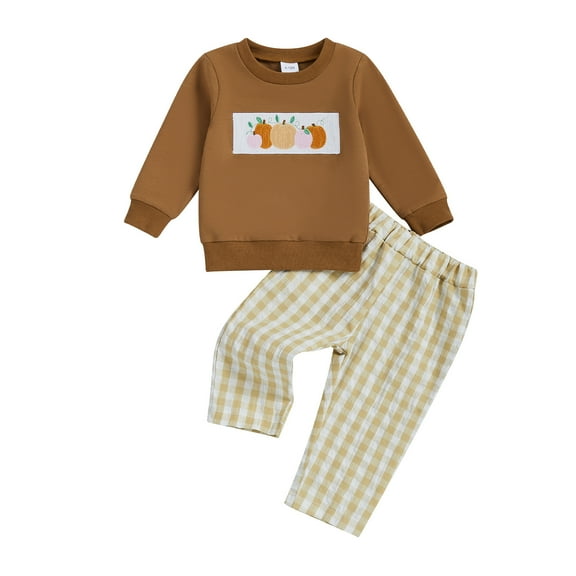 Gibobby Baby Boy Thanksgiving Outfit Letter Embroidery Long Sleeve Sweatshirt Elastic Pants 2 Piece Clothes for Toddler(Brown,6-12 Months)