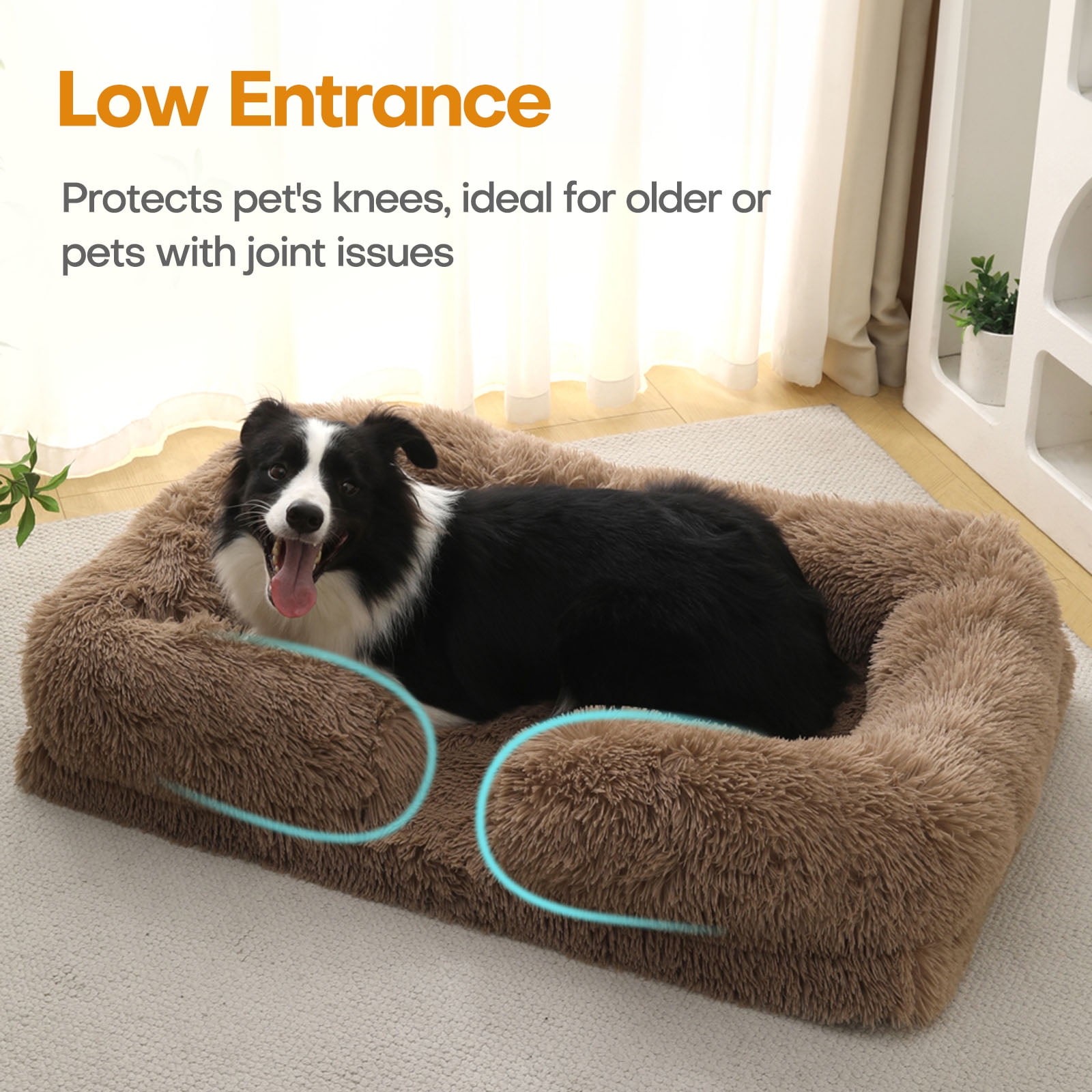 Sennaux Calming Dog Bed for Large Dogs Cats, Cozy Soft Plush Pet Bed Washable,XL,Khaki