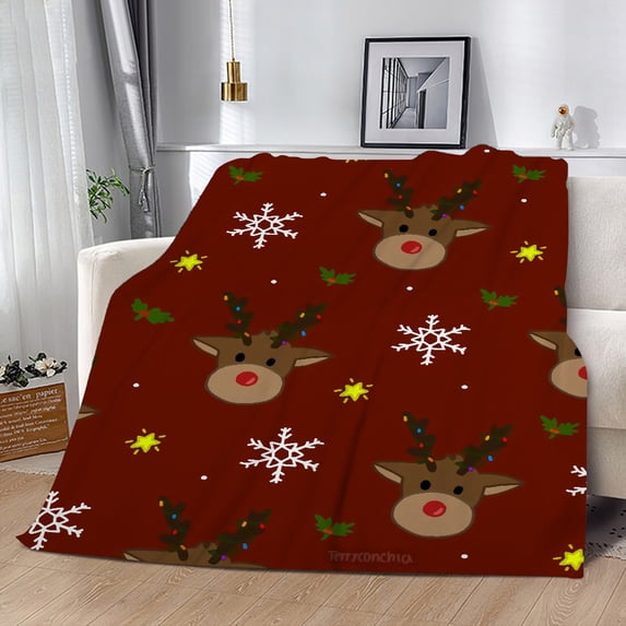 Christmas Blanket Reindeer Snowflake Printed Soft Fuzzy Flannel Plush Throw Blanket Light Weight Warm Christmas Fuzzy Blanket for Couch,Sofa and Bed
