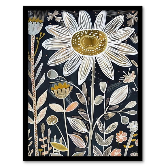Artery8 Single Daisy Flower Artwork Dark Floral Folk Art Living Room Art Print Framed Poster Wall Decor 12x16 inch