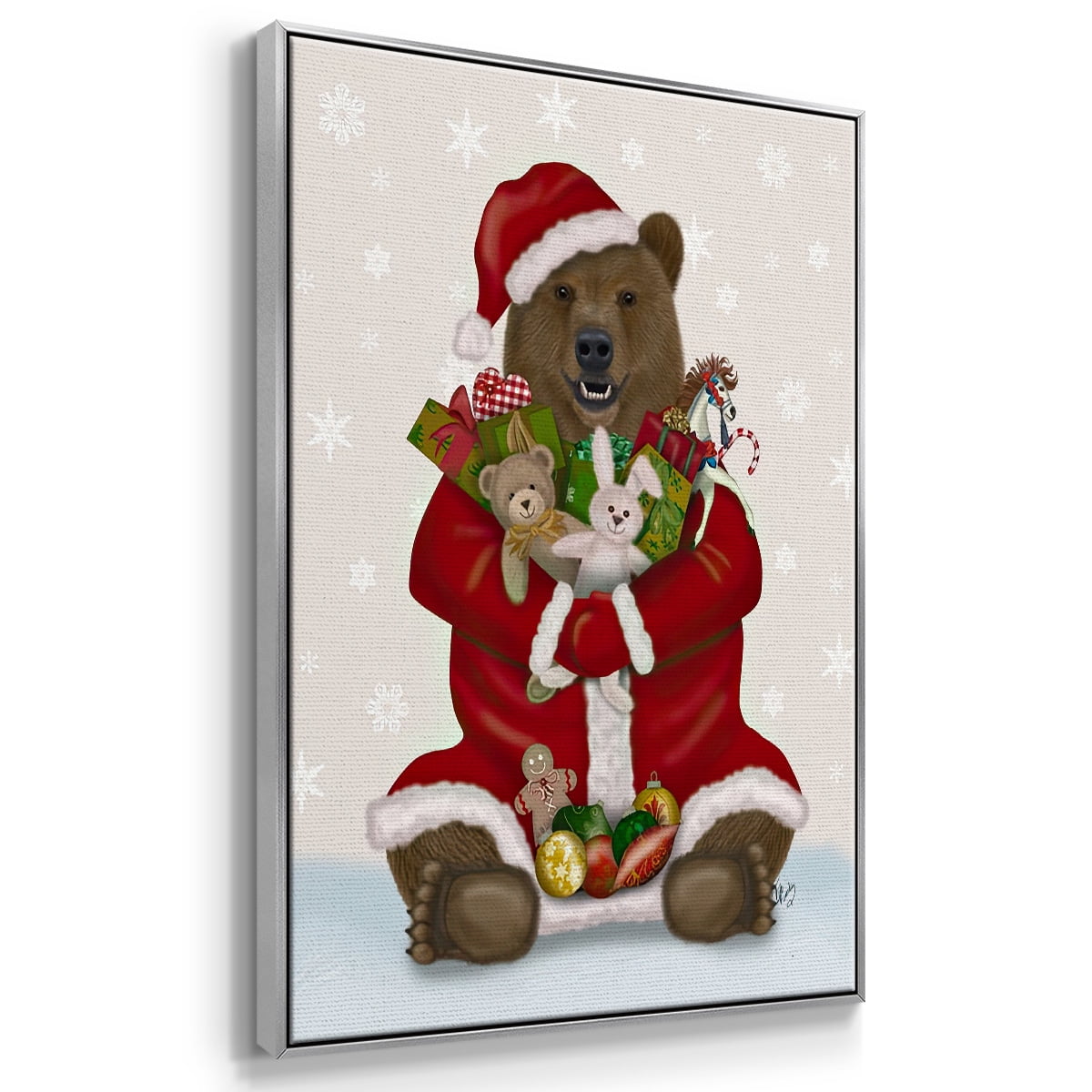 Christmas Christmas Present Bear Hug - Framed Gallery Wrapped Holiday Canvas - 25 x 37 - Silver Frame