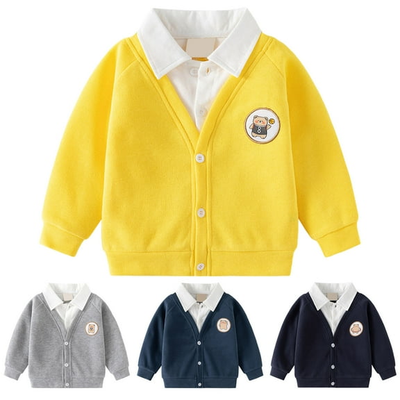 idosla Toddler Little Boy Spring Lapel Splicing Long Sleeve Fake Two Piece Outfits Cartoon Bear Top (Yellow, 6-7 Years)