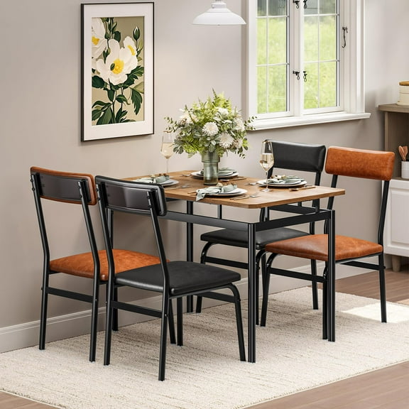 Ataucjin 5 Piece Dining Table Set, Wooden Kitchen Table Set with 4 PU Upholstered Chair, Industrial Metal Frame Dinette Set for Dining Room, Home Dinner, Party, Apartment, Studio