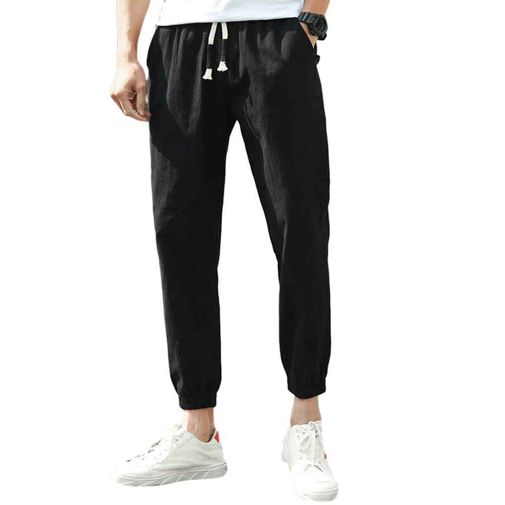Men's Casual Pants Solid Color Cotton and Linen Ankle-length Trousers ...