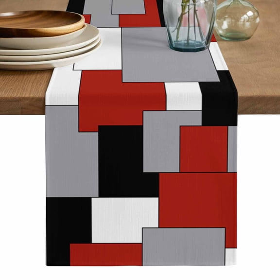 Red Grey Black Geometric Table Runner, Middle Century Modern Art Abstract Washable Cotton Linen Table Runners 36 Inches Long, Dresser Scarf Runner for Nightstand/End Tables/Round Tables 13''x36''
