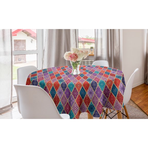 Geometric Round Tablecloth, Colorful Patchwork Style Oriental Ornamental Colorful Rhombuses Inspired, Circle Table Cloth Cover for Dining Room Kitchen Decor, 60", Multicolor, by Ambesonne