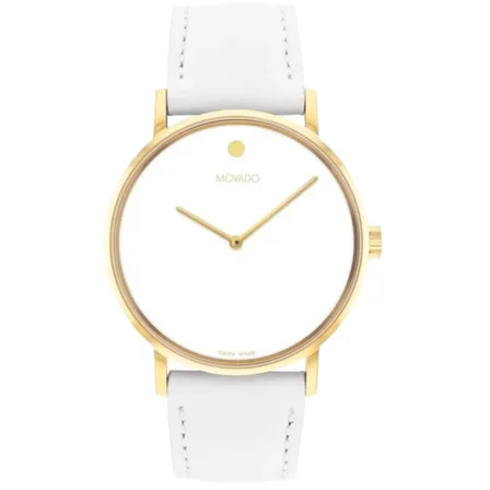 Movado Signature 0608097 White Dial White Leather Strap 40mm Womens Watch