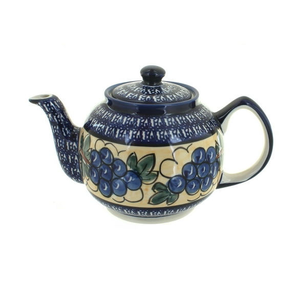 Blue Rose Polish Pottery Grapes Medium Teapot with Cobalt Trim
