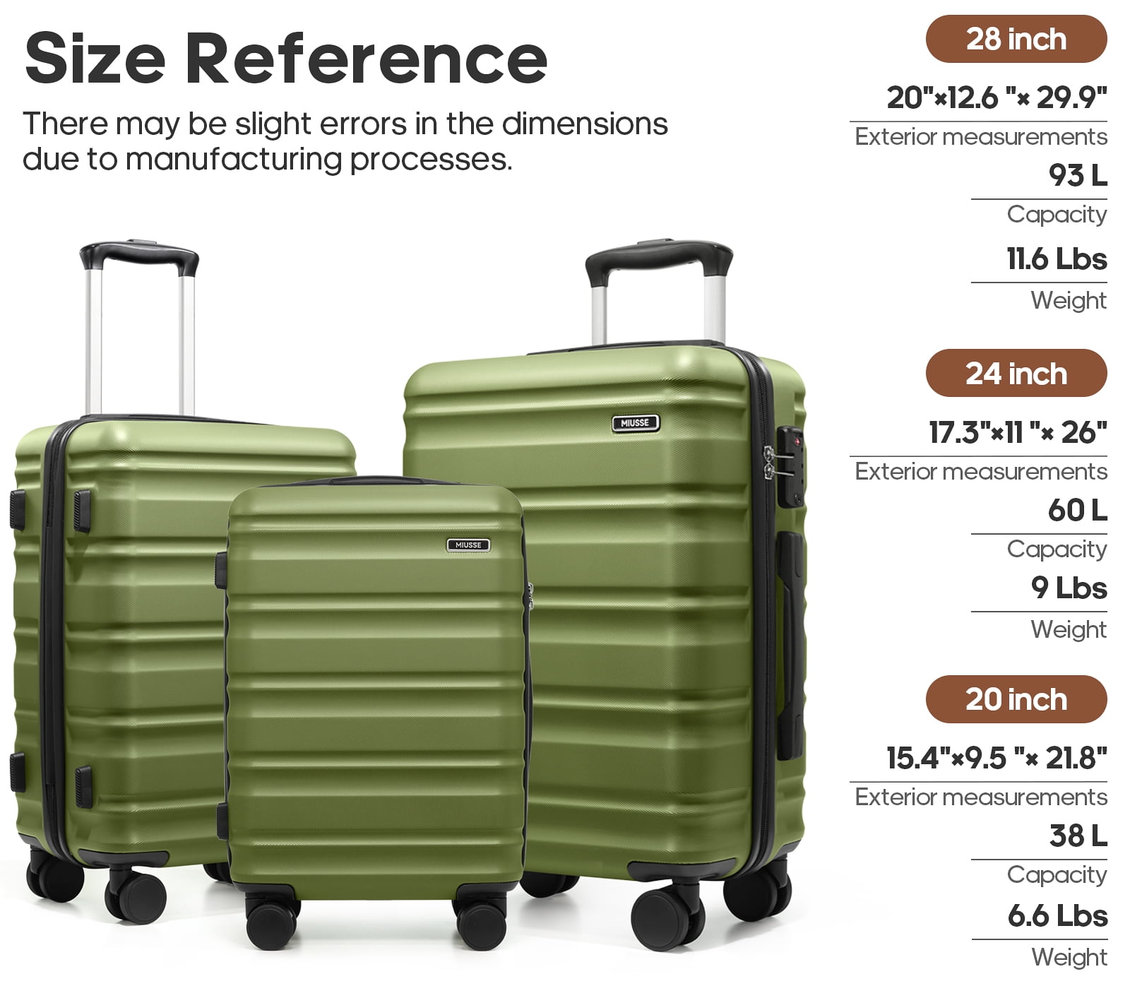 MIUSSE Hard Shell Luggage Sets, 3 Piece Luggage Set, 20/24/28 IN Carry On Luggage with TSA Lock Spinner Wheels, Hard Shell Suitcases Women Men