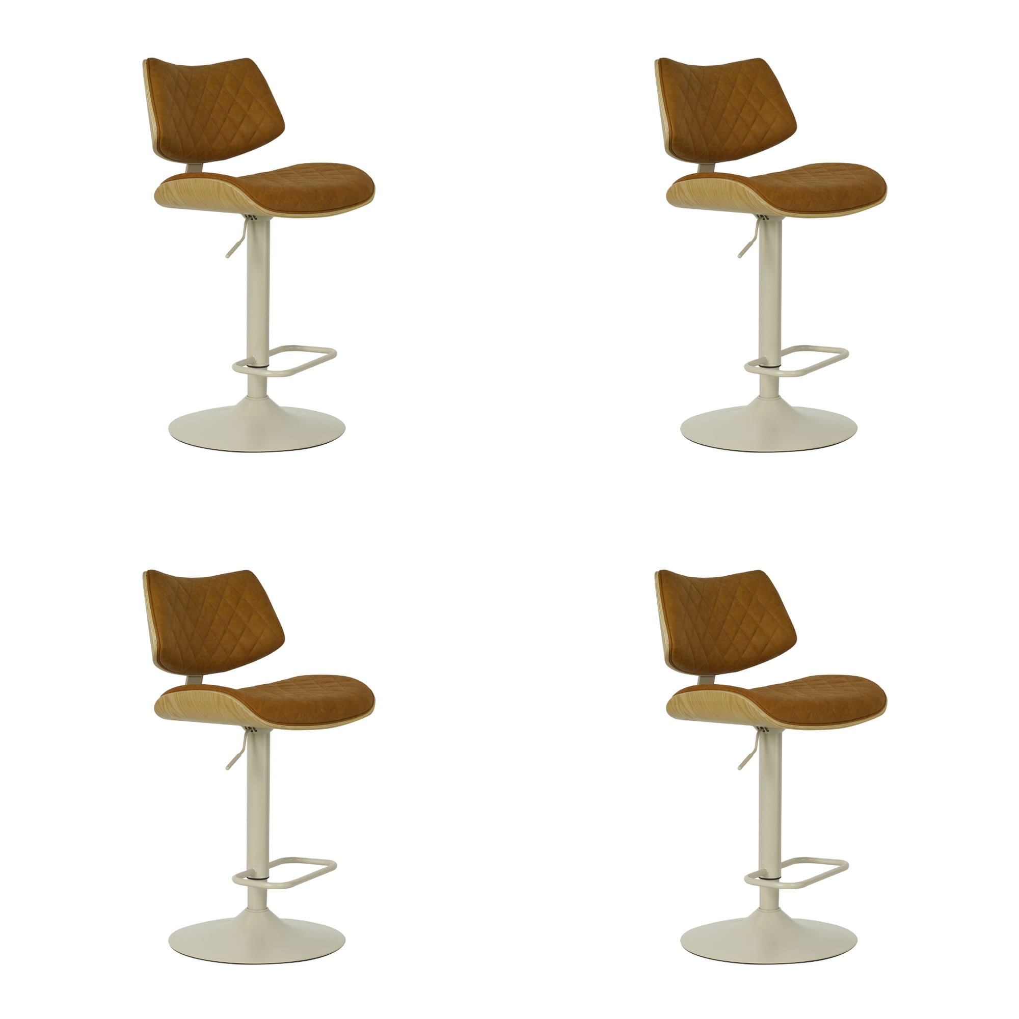 Leland Adjustable Swivel Camel Curved Back Wood Bar Stool with Faux Leather Seat Set of 4