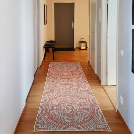 Mandala Decorative Rug, Abstract Floral Design with Themes Native South East Folkloric Illustration, Quality Carpet for Bedroom Dorm and Living Room, 6 Sizes, Dark Salmon, by Ambesonne