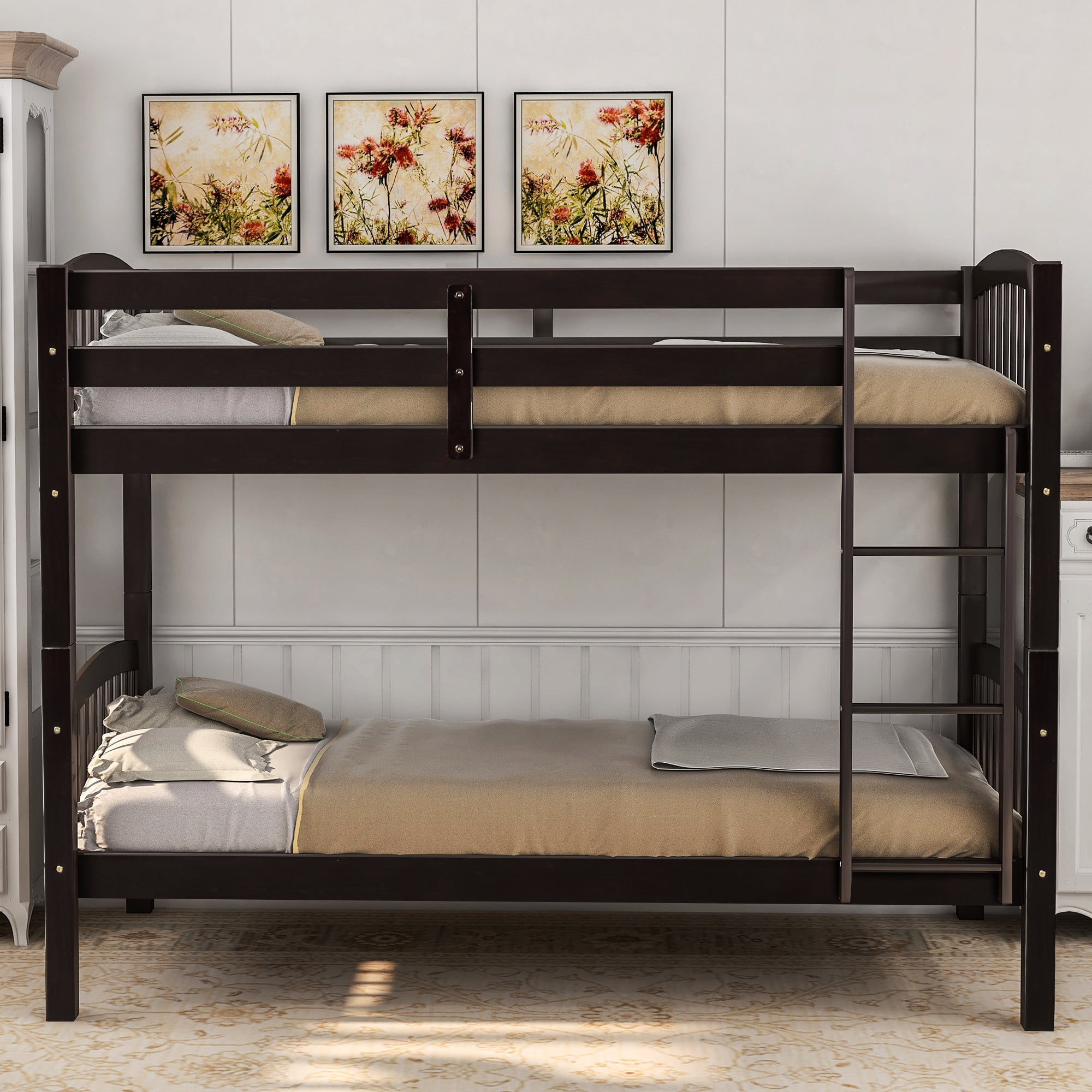Kepooman Twin Over Twin Solid Wood Bunk Bed with Ladder for Bedroom, Espresso Kepooman Twin Over Twin Solid Wood Bunk Bed with Ladder for Bedroom, Espresso