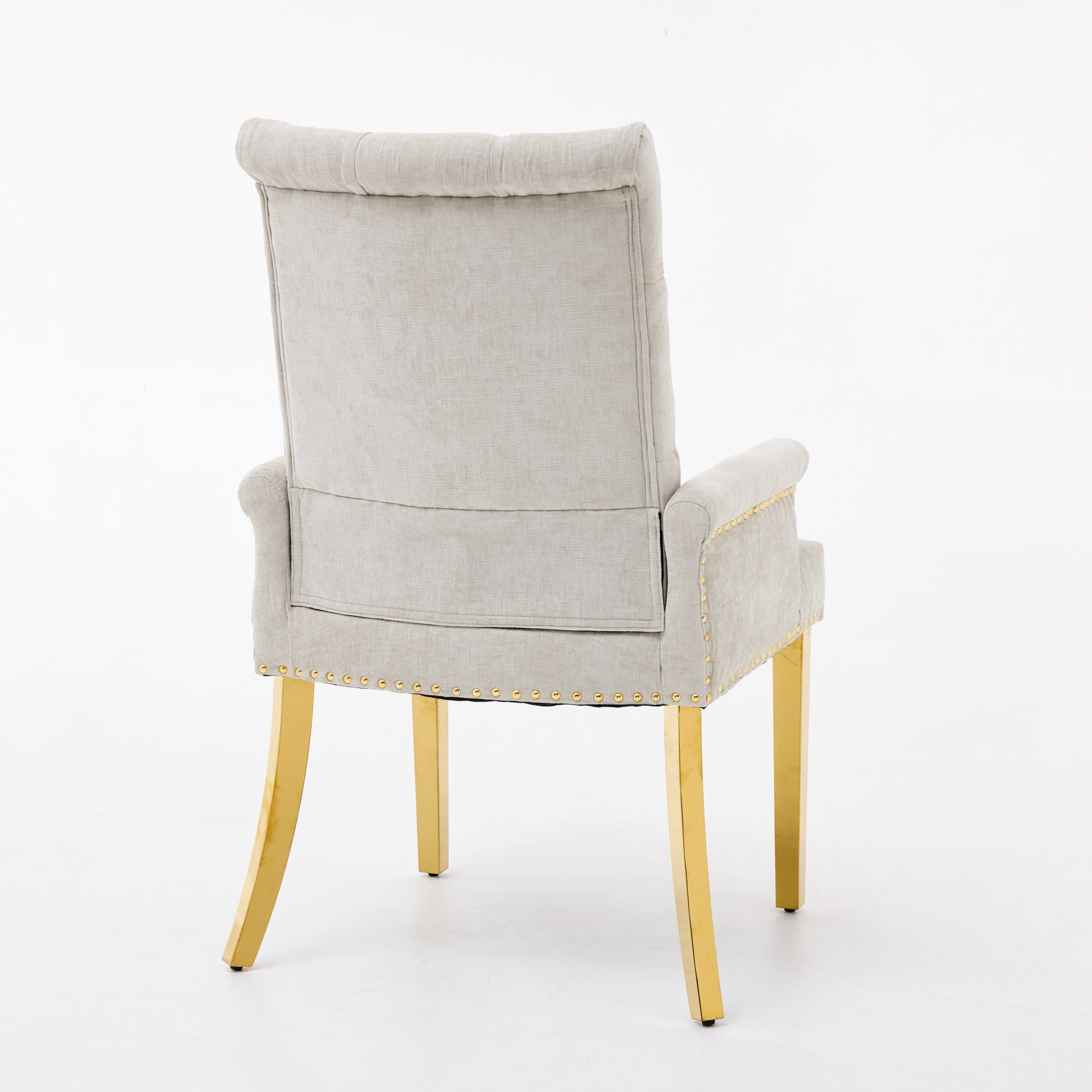 GARITIN Upholstered Dining Chair with Arms, Tufted Button High Back Accent Chair with Nailhead Trim and Stainless Steel Legs, Beige & Gold