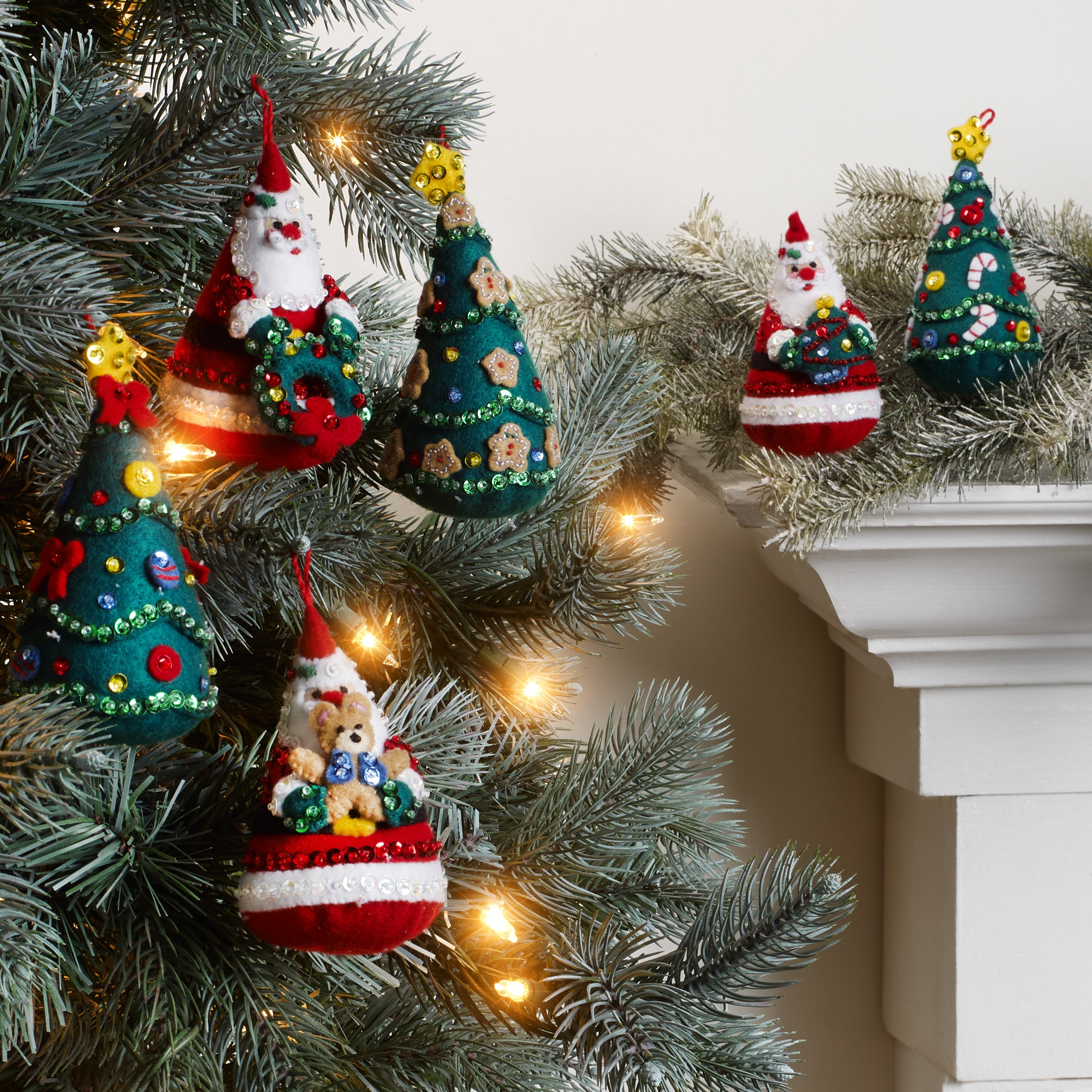 Bucilla Felt Applique 6 PC Ornament Kit, Santa's Tree Treasures