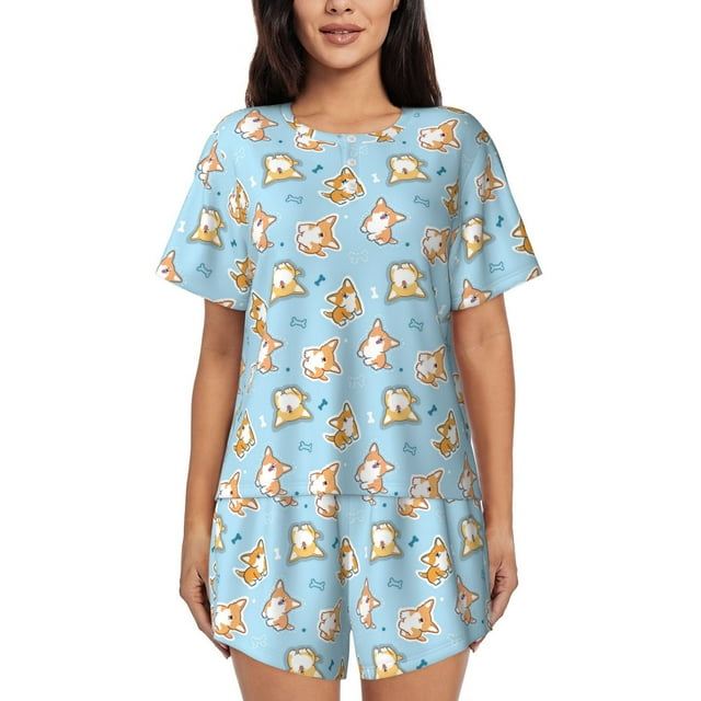 Vsdgher Pyjama pour Femmes Motif Corgi 1 Pce Manches Courtes Ensemble de Nuit, Ensemble de Pyjama Doux d'Été Décontracté, 2 Pcs Pj-Petit