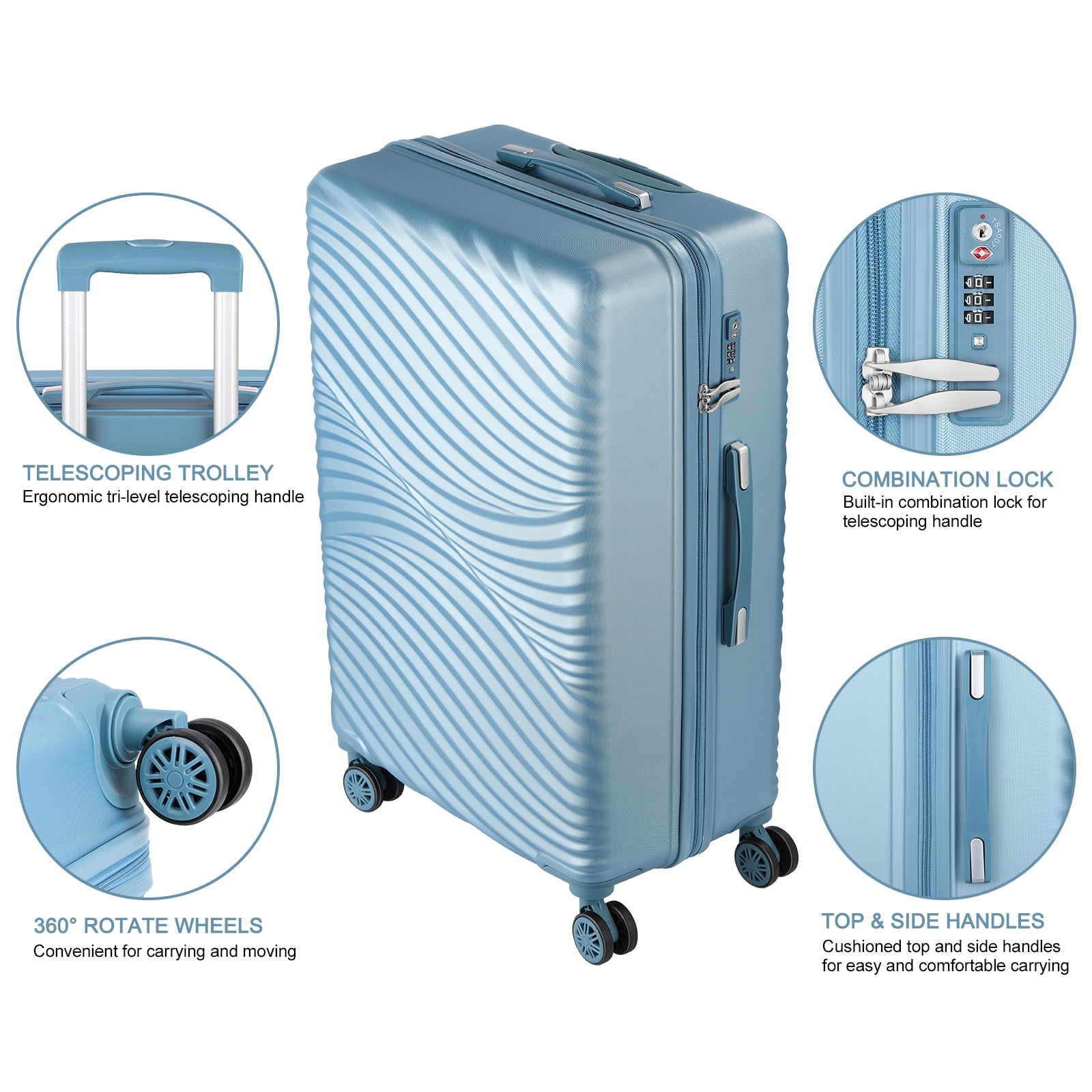 Luggage 3-Pieces Set ABS Durable Suitcase Blue 20"24"28"