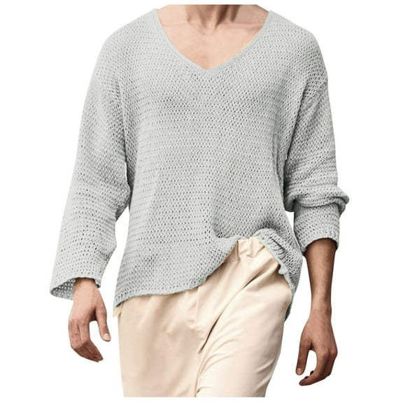 Fgnfyis Male Autumn and Winter Knitted Long Sleeved Solid Color Sweater Round Neck Loose Top Mens T-shirts Grey XXL