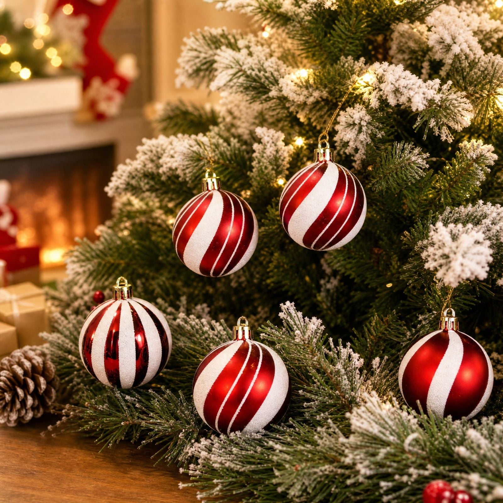 Plastic Christmas Ornament Set with electroplated finish shatterproof includes hangers for trees wreaths and garlands home and store displays A