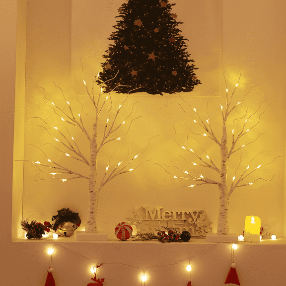 2Pack Christmas Tree Decorations - Birch Fairy Light Spirit Trees with 24 LED Warm White Lights, USB/Battery Powered Indoor Holiday Decor, 2 FT