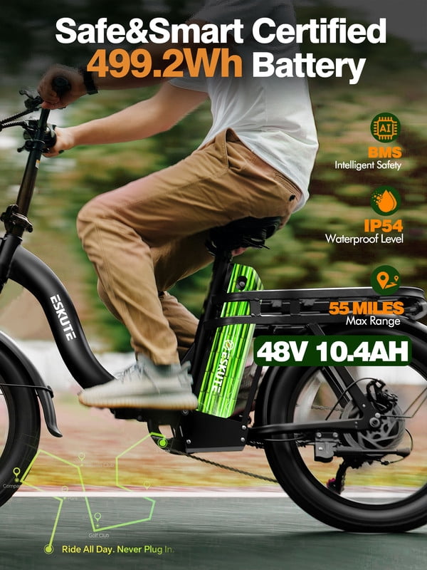 ESKUTE D200 Electric Bike for Adults 1200W Peak Motor 28 Mph, Folding Fat Tire E‑Bike, 48V 10.4Ah Up to 55 Miles, with 7‑Speed Step‑Through Cargo Fold E Bicycle, NFC Unlock, Black with Lock, UL2849