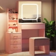 thumbnail image 3 of Gaderth Vanity Desk With Sliding LED Mirror And Power Outlet, Makeup Dressing Table With 4 Drawers, Storage Shelves And Stool, 3 Color Lighting Modes, Bedroom Vanity Set With USB Ports, 3 of 8