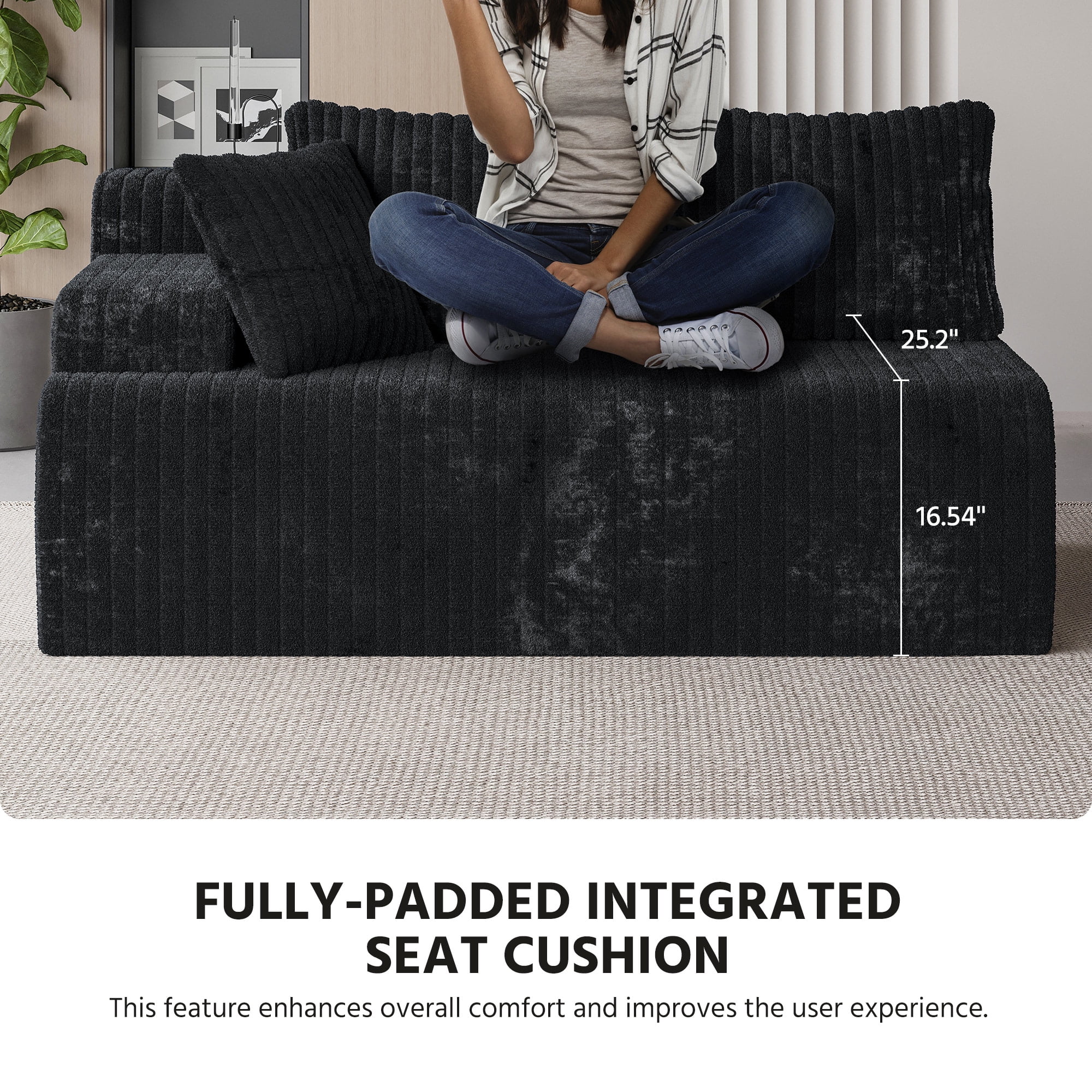 LAUSAINT HOME 96" Boneless Sectional Sofa, L-Shaped Modular Cloud Couch with Deep Seat & Plush Corduroy Fabric (Black, Left Facing Chaise)