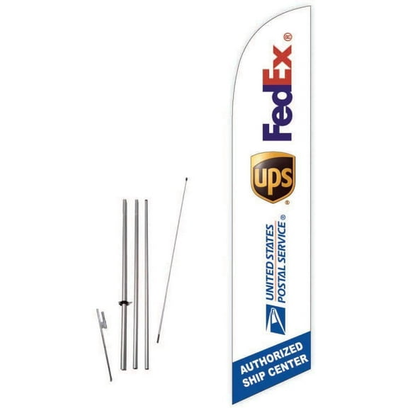 Cobb Promo Feather Flag Sign for FedEx UPS USPS Authorized Ship Center White with Complete 15ft Pole kit and Ground Spike