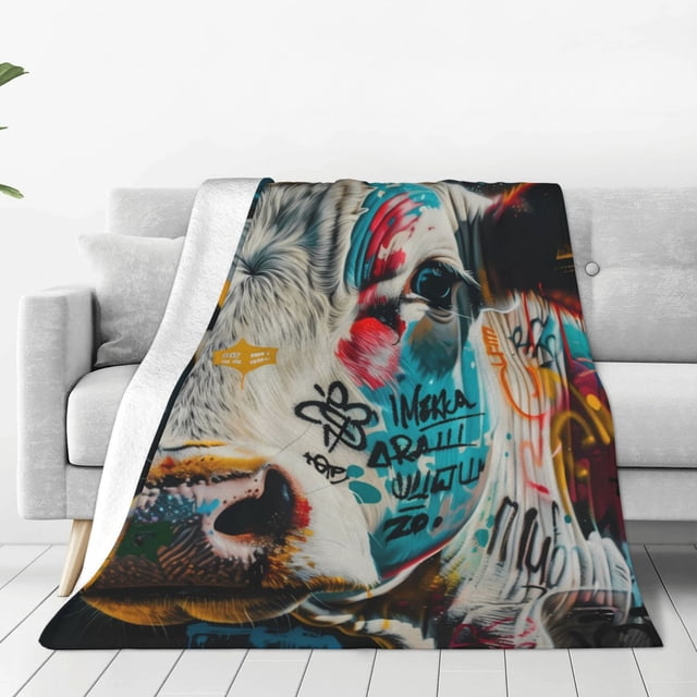 Balery Colorful Graffiti Cow Manta de Felpa Suave y Acogedora – Cobija de Franela Aterciopelada para Cama, Lavable y Cálida para Sofá, Mascotas, Transpirable-80"x60"