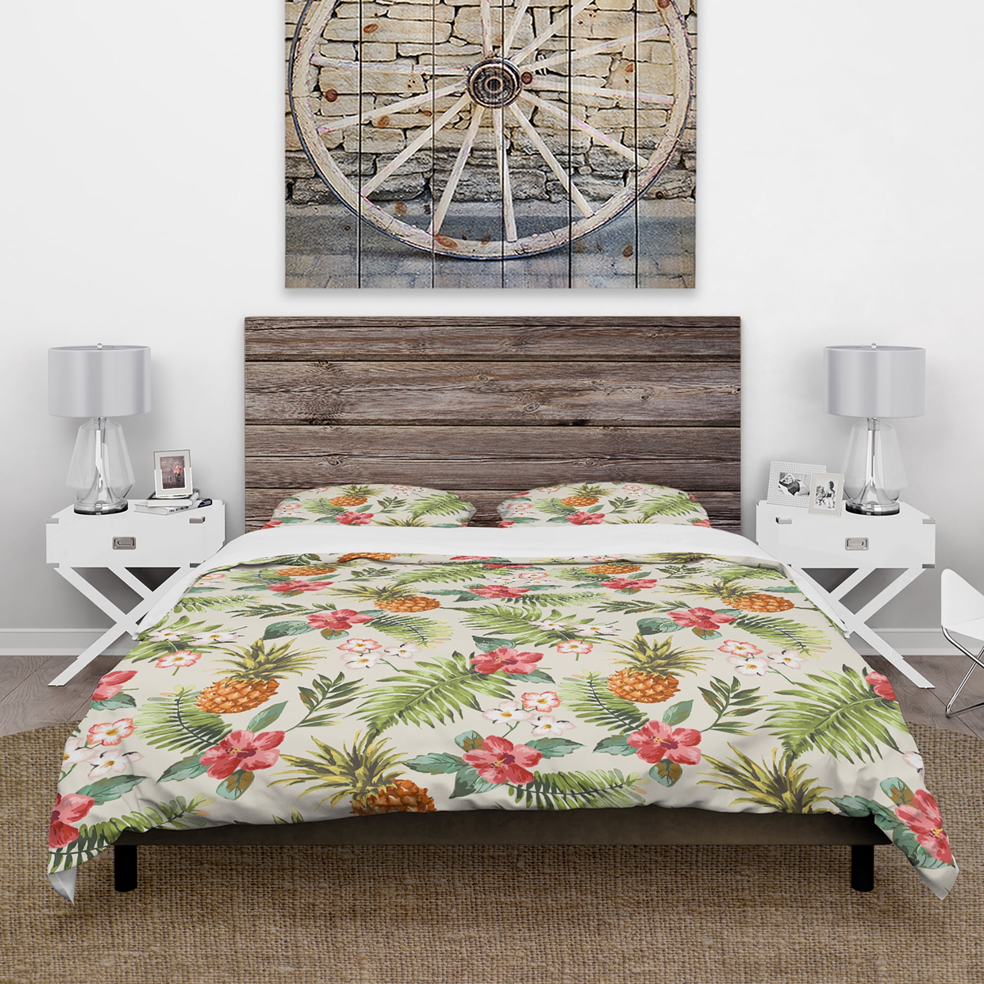 Designart 'Vintage Pineapple with Tropical Flowers' Floral Duvet Cover Set