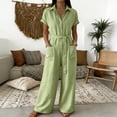 thumbnail image 4 of Overalls for Women Summer V Neck Short Sleeve Button Down Wide Leg Jumpsuits Dressy Casual Rompers with Pockets, 4 of 6