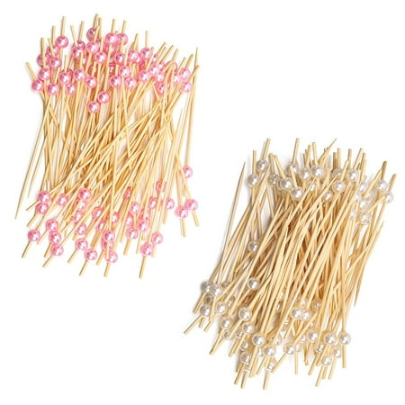 

200/400 PCS Bamboo Party Wedding Kitchen & Bar Skewer Wooden Toothpick Snack Fork Pearl Cocktail Picks Fruit Picks PINK&WHITE 200PCS