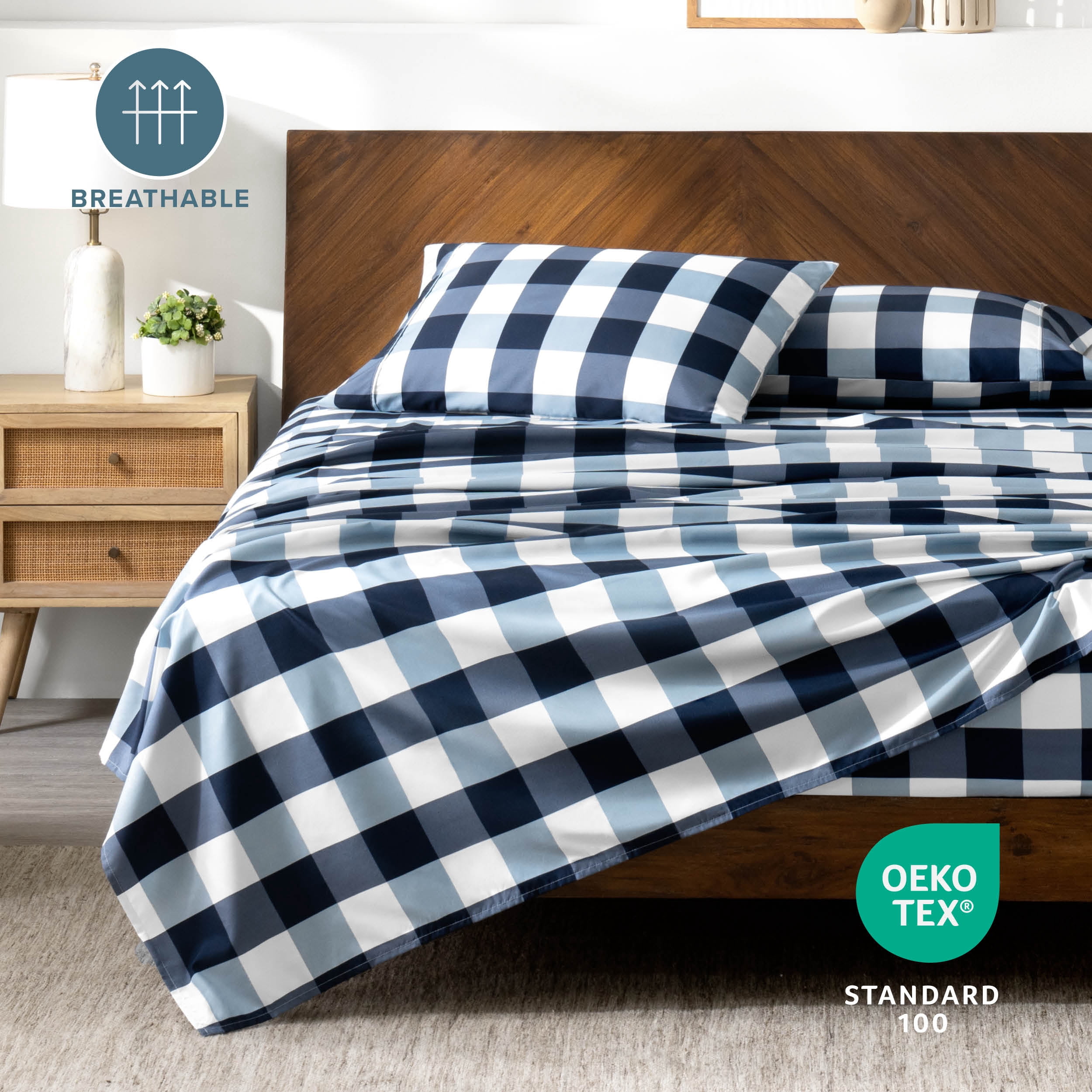 Bare Home Ultra-Soft Sheet Set - Premium 1800 Collection - Deep Pockets - 4-Pieces - King, Gingham Blue