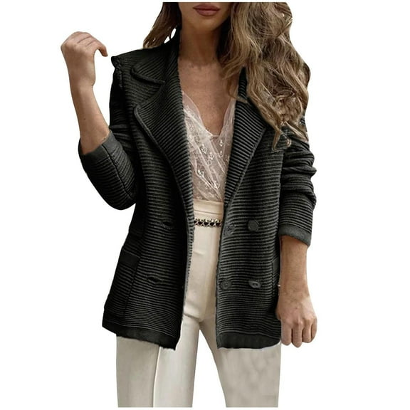 jtjvou Women's Blazer Jacket Casual Notched Lapel Double Breasted Large Pocket Ribbed for Women Black,XXL