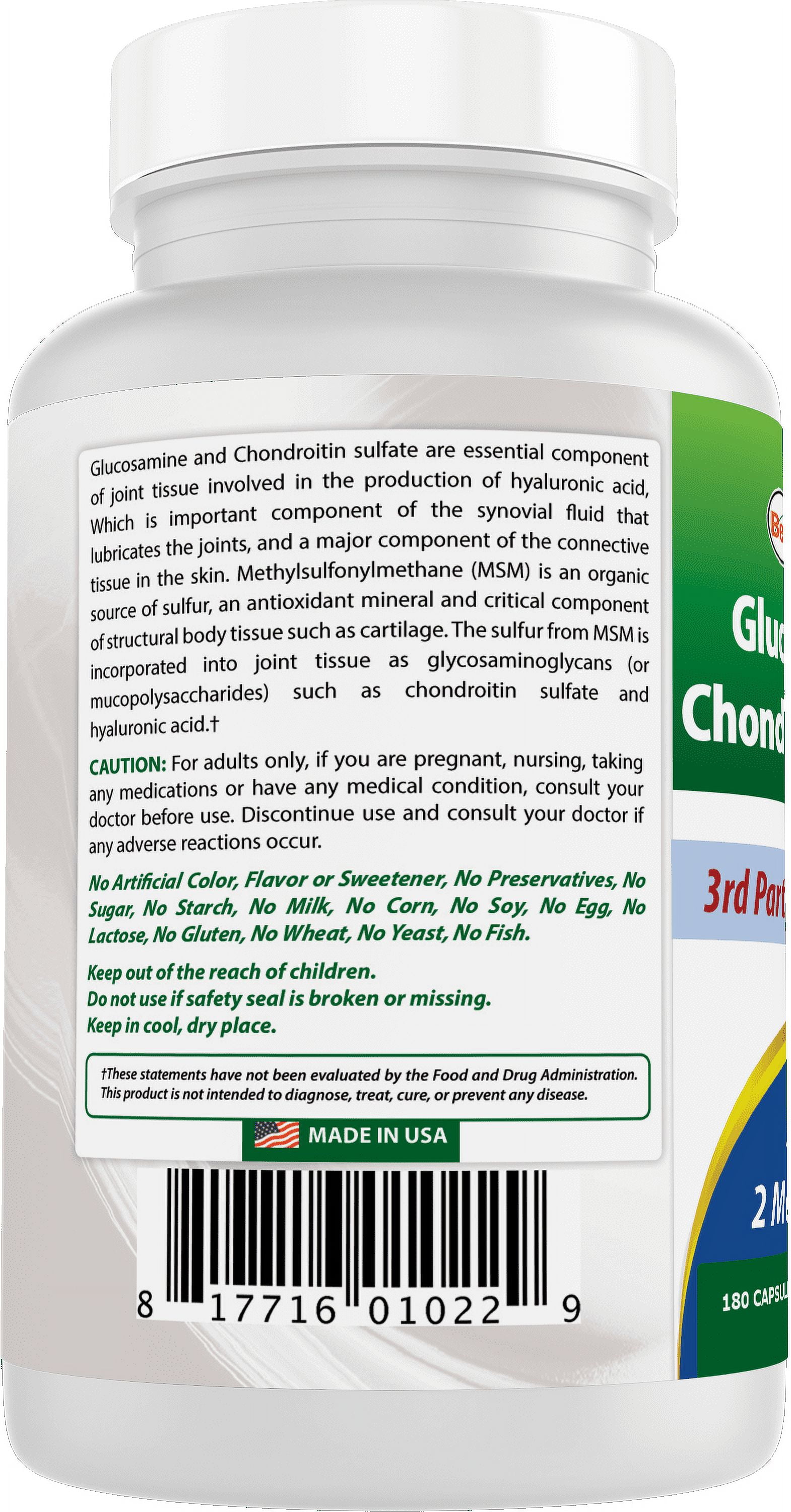 Best Naturals Glucosamine Chondroitin MSM Capsules, Joint Support Supplement, Gluten-Free, 3 Pack, 180 Ct