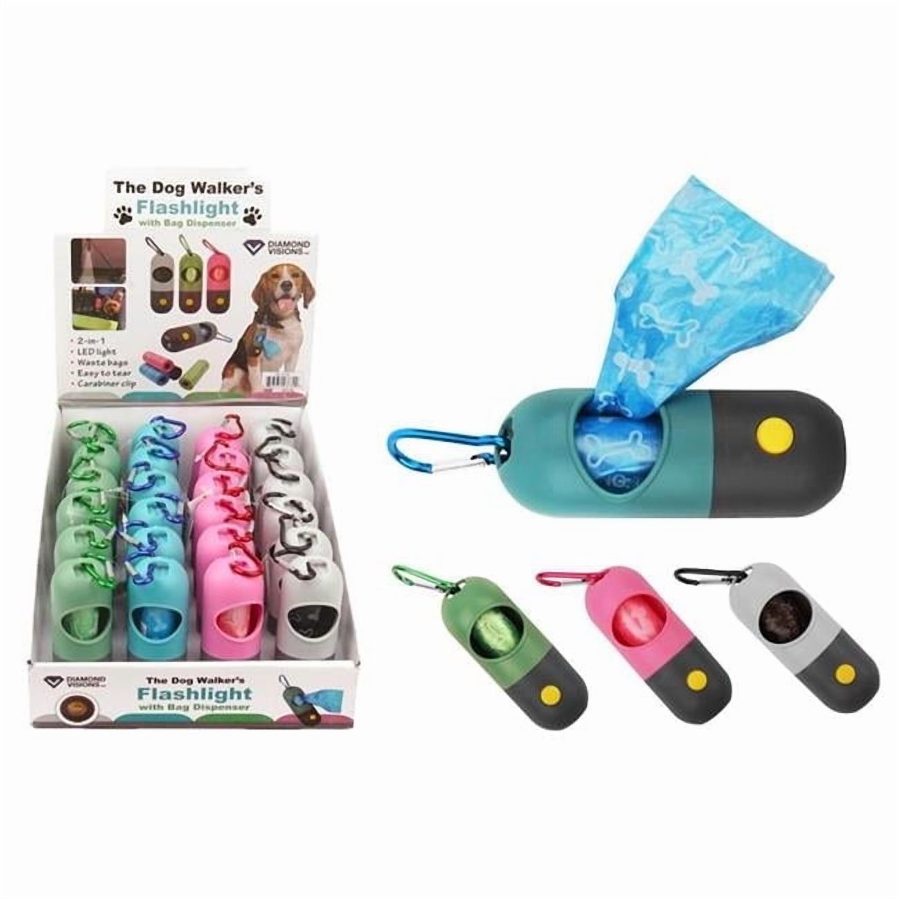 Diamond Visions 9090620 The Dog Walkers LED Flashlight with Bag Dispenser LR44 Battery, Assorted Color - Pack of 24