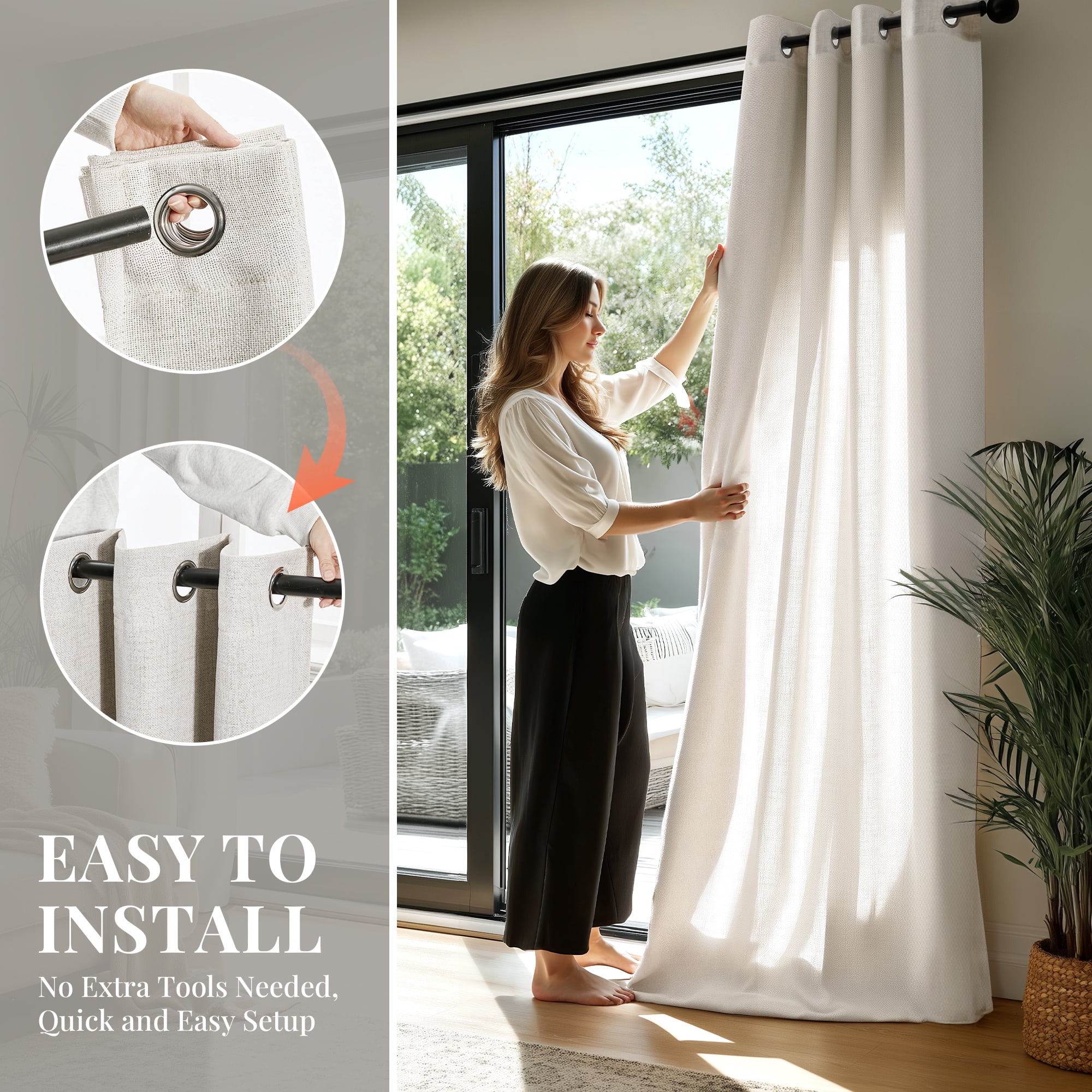 ZOPZO Soft Linen-Texture Sheer Curtain, 52W x 84L Inch, Beige, No Tiebacks, Light Filtering Window Panel, Set of 2