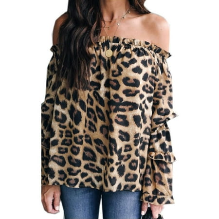 - New Women Off Shoulder Leopard print Tops Ladies Puff Sleeve Loose Blouse Size S