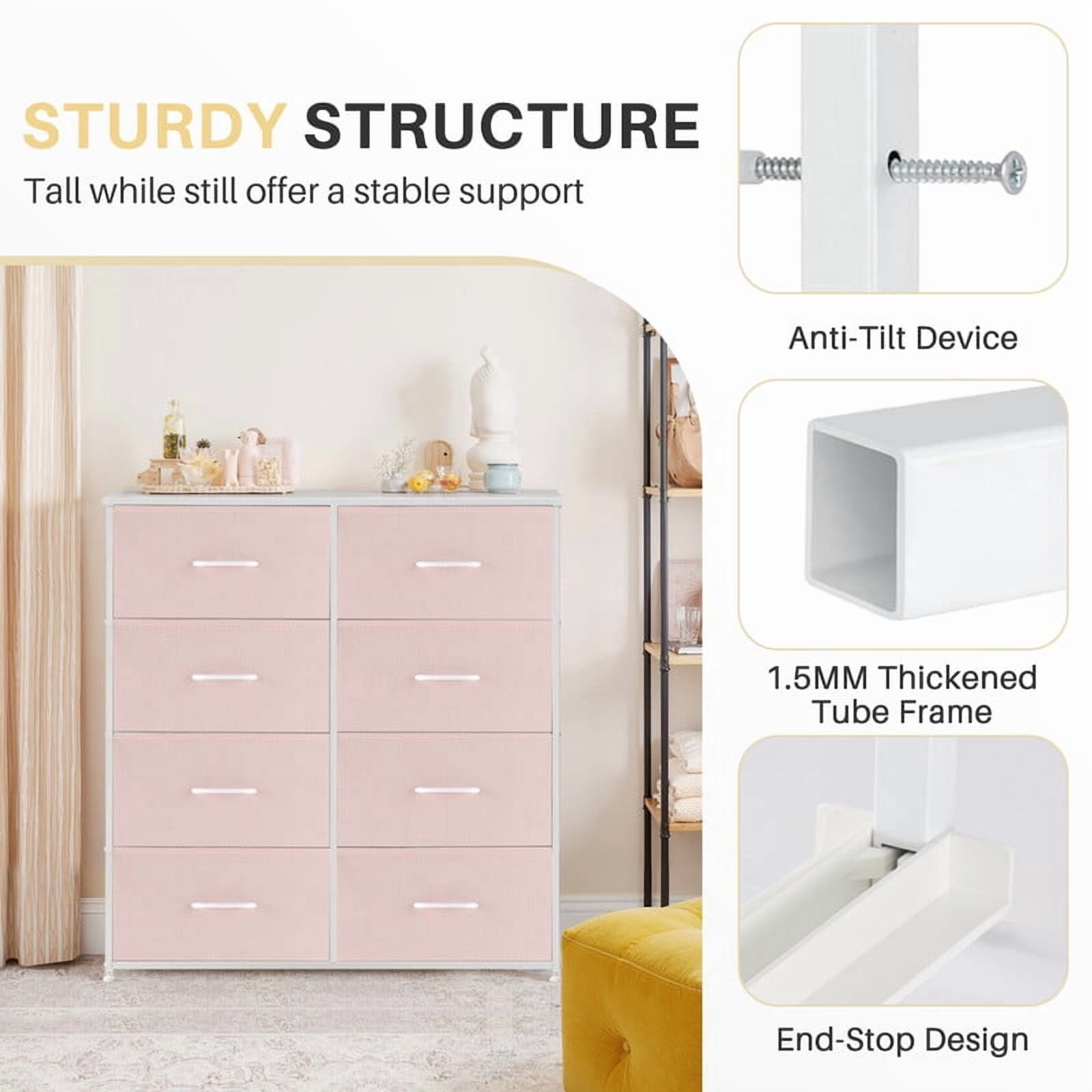 Bigleap 8-Drawer Dresser, Fabric Storage Tower for Bedroom, Hallway, Entryway, Tall Chest Organizer Unit with Fabric Bins,Pink