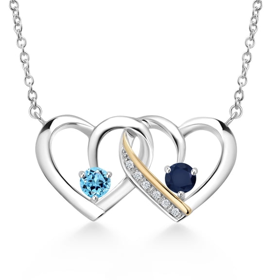 925 Silver and 10K Yellow Gold Swiss Blue Topaz and Blue Sapphire and Lab Grown Diamond Necklace Necklace for Women | 0.74 Cttw | Gemstone November Birthstone | Round 4MM | With 18 inch Chain