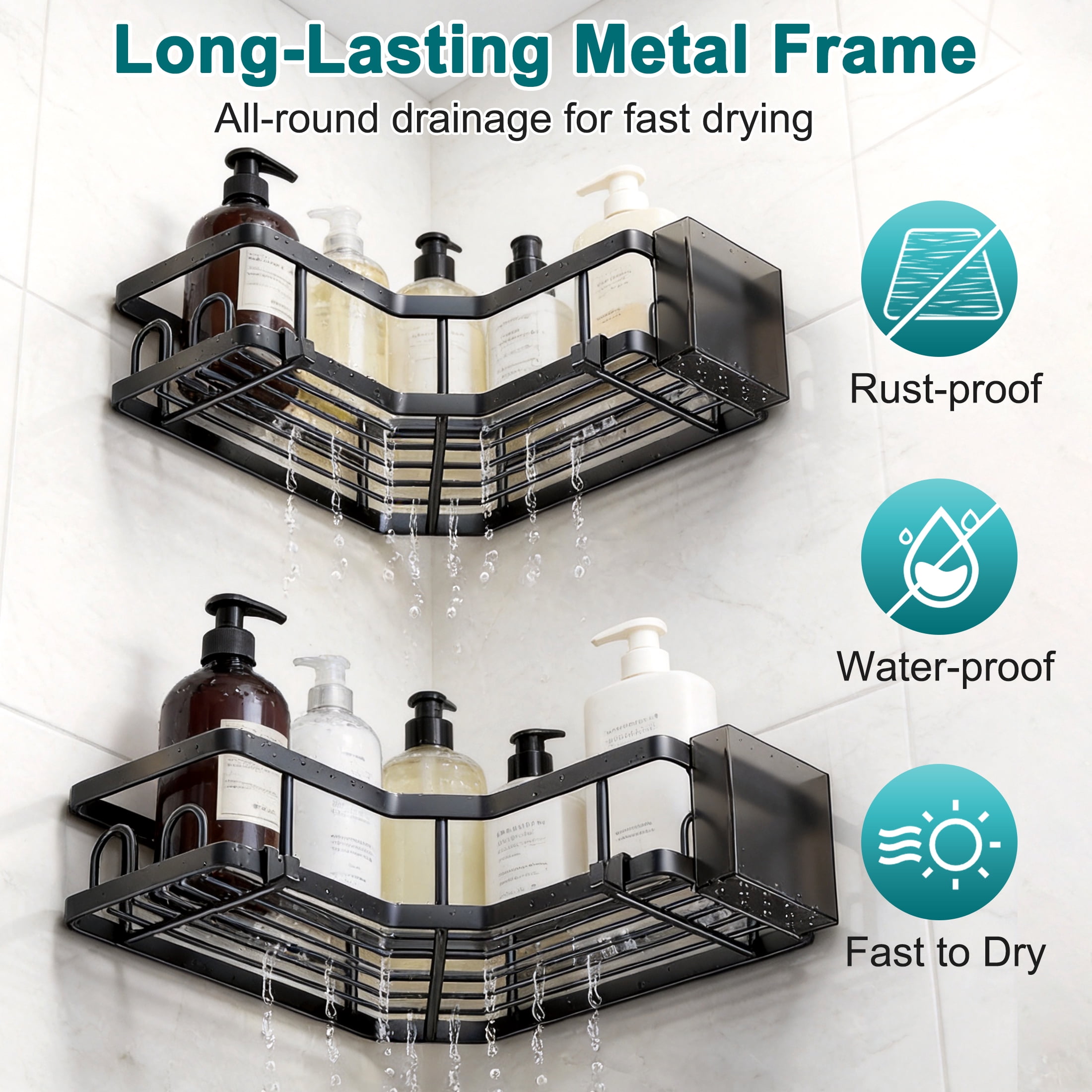 Corner Shower Caddy, 2 Pack Adhesive Shower Organizers with Hooks & Toothpaste Holder, Rustproof Metal Shower Shelves, No Drilling Bathroom Organizers and Storage Racks