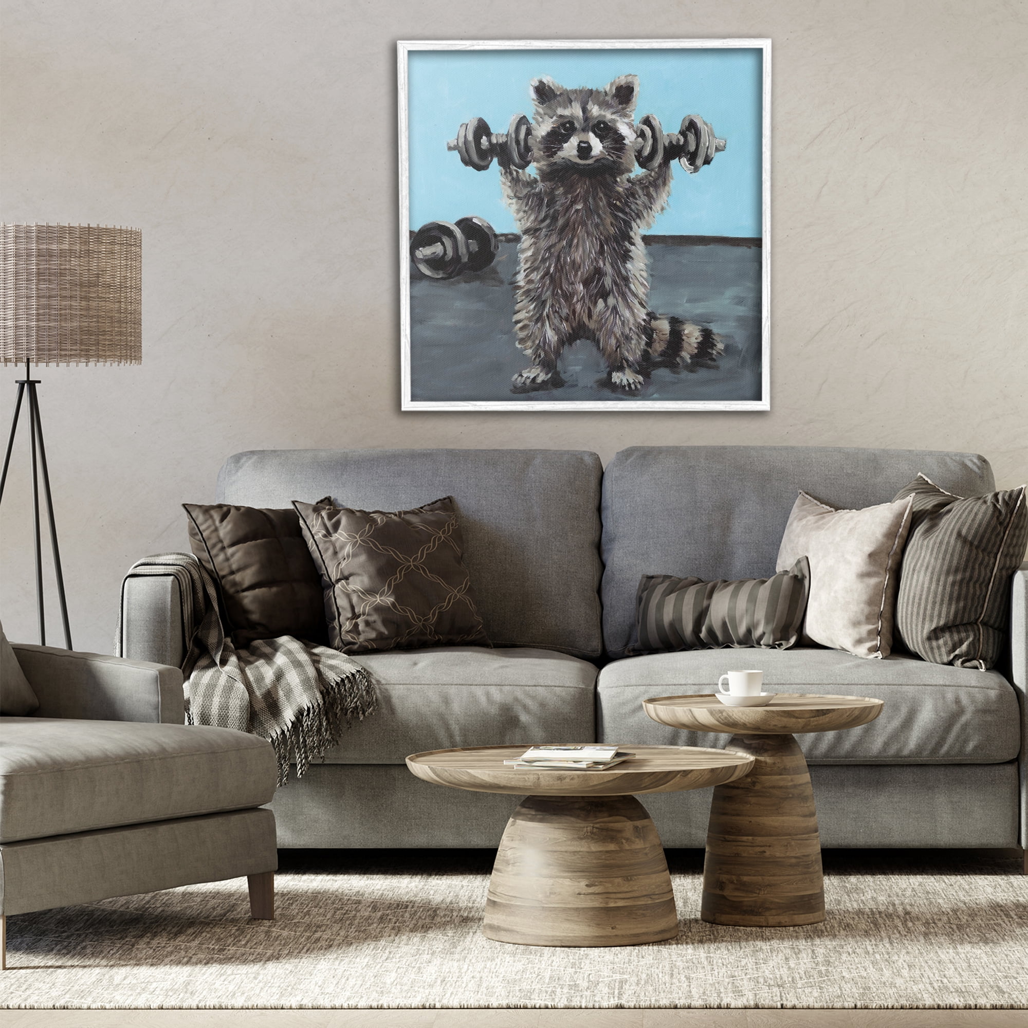 Fitness Raccoon with Weights White Framed Giclee Art, design by Studio Bautista