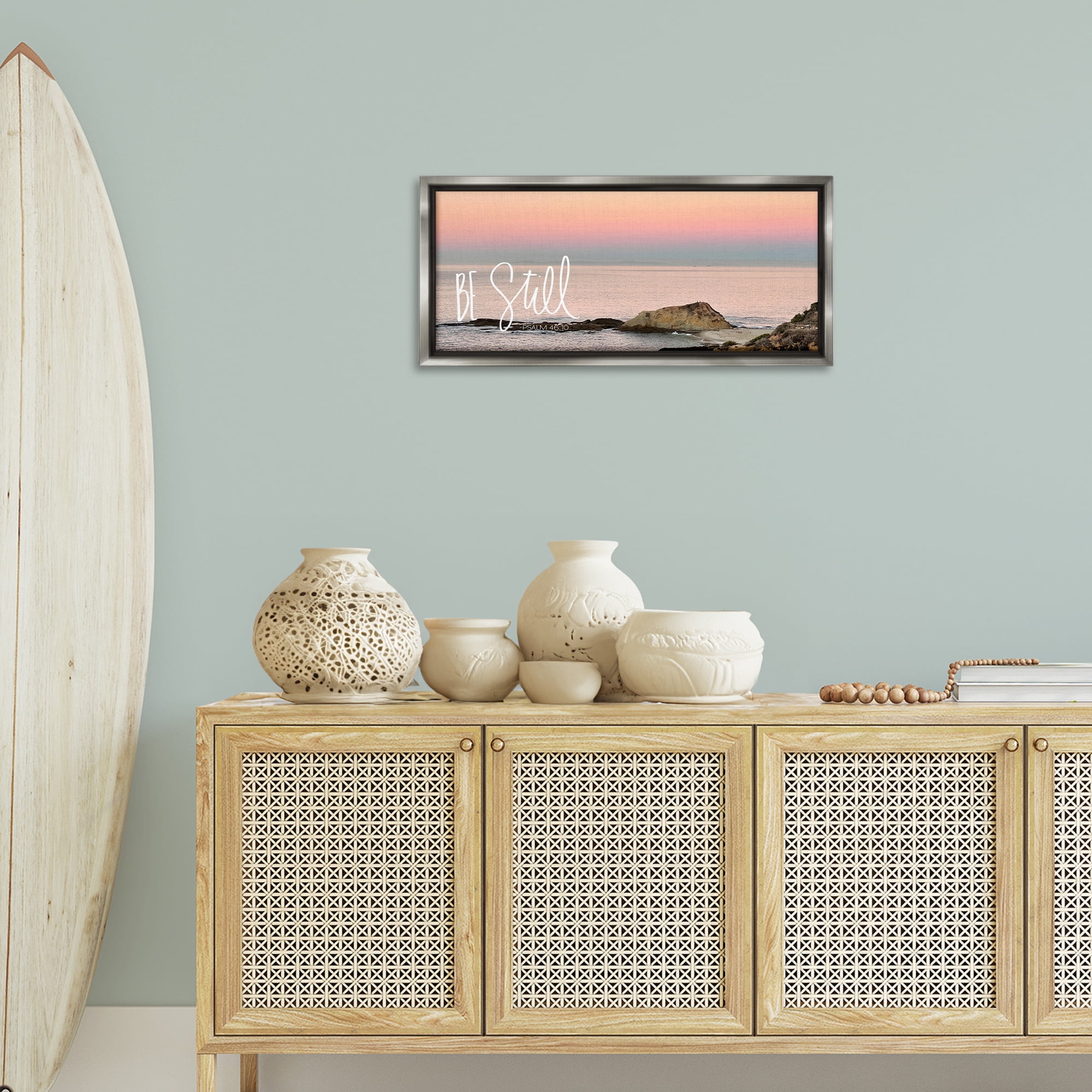 Stupell Industries Be Still Peaceful Beach Landscape Painting Gray Floater Framed Canvas Art Print Wall Art, 31 x 14