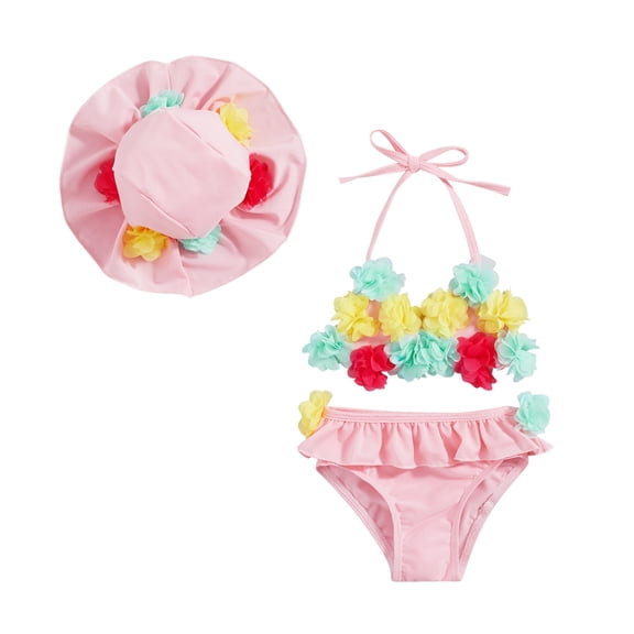 Infant Baby Girl Flower Swimsuit 3Pcs Halter Triangle Tops Ruffle Bottoms Sun Hat Bikini Set Bathing Suit Swimwear