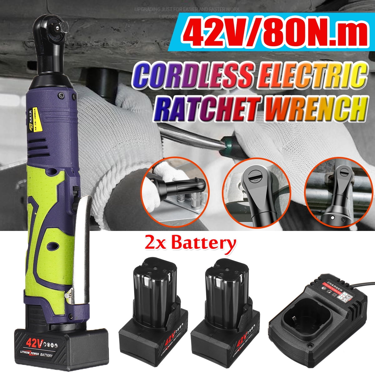 42V Drive Electric Cordless Right Angle Ratchet Wrench Set,3/8" 80N.m